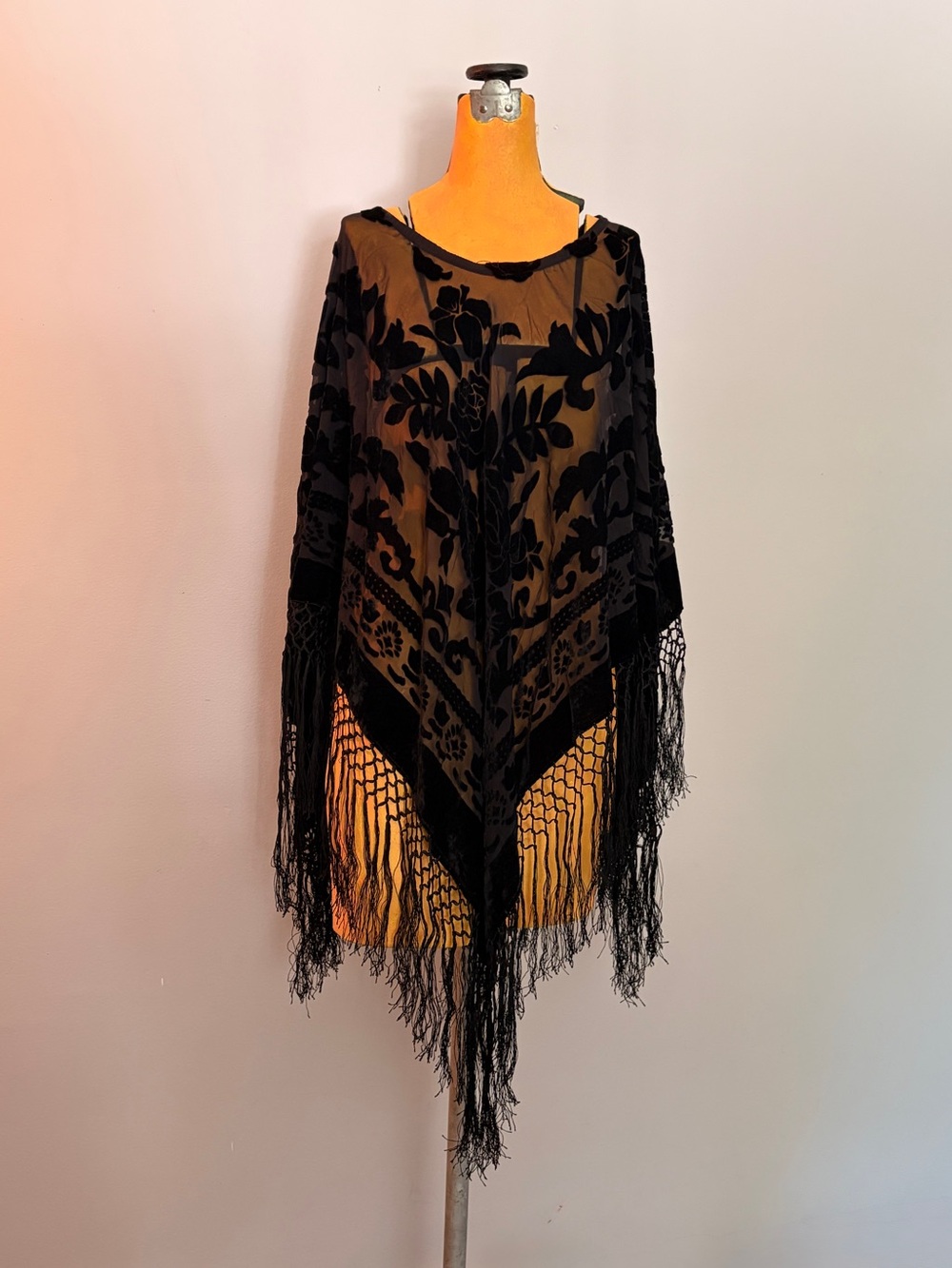 Velvet lace and fringe poncho